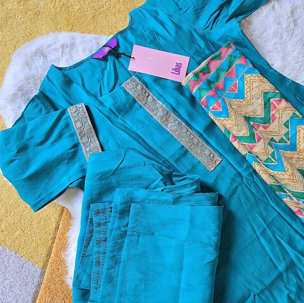 Indian Kurta top +pants+dupatta shawl set in deep XL teal green